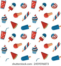 4th of July seamless pattern. American Independence Day theme. Treats in colors of the US national flag. Vector illustration on white background.