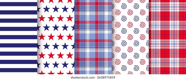 4th July seamless pattern. American backgrounds. Patriotic textures with stars stripes. Happy independence prints. Blue red wrapping paper. Set of abstract geometric backdrops. Vector illustration.
