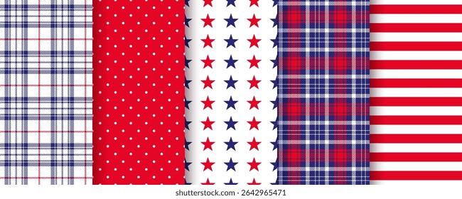4th July seamless pattern. American backgrounds. Patriotic textures. Happy independence prints. USA flag blue red backdrops with stars and stripes. Set of geometric backdrops. Vector illustration.