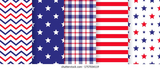 4th July seamless pattern. Patriotic prints. Vector.  Happy independence day textures. Set of USA flag geometric backgrounds with stars, stripes, zigzag and plaid. Simple modern illustration.