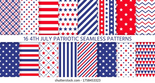 4th July seamless pattern. Patriotic textures. Vector.  Happy independence day prints with stripes, stars, zigzag and triangles. Set of USA flag geometric backgrounds. Simple modern illustration.