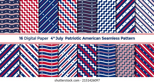 4th July seamless pattern. Patriotic paper textures. Happy independence day prints with Stripes, Stars, Waves and Zigzag. Set of USA flag vector geometric backgrounds.