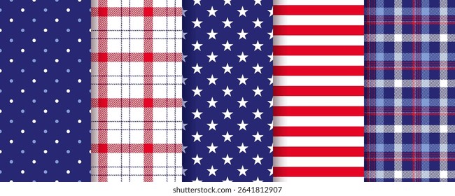 4th July seamless pattern. Patriotic American backgrounds. Happy independence day textures. Set of USA flag geometric prints. Blue red wrapping paper with stars and stripes. Vector illustration.