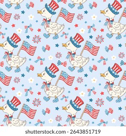 4th of July Seamless Pattern with Patriotic Bows Stars and Cute USA Independence Background