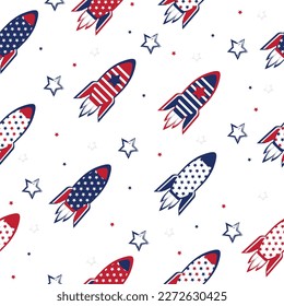 4th of July seamless pattern, rocket and stars on white background, Modern backgrounds for independence day illustration