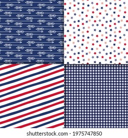 4th of July seamless pattern set for patriotic decoration in the colours of US flag. Independence or Patriot day background set with stripes, stars, arrows and gingham designs for fabric print. 