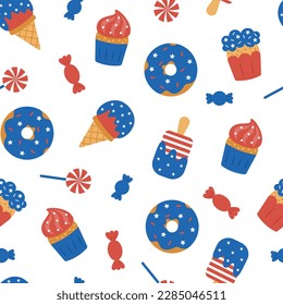 4th of July seamless pattern. USA Independence Day theme. Sweets in colors of the American national flag. Cupcake, candy, ice cream, and lollipop. Vector illustration on white background.