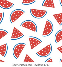 4th of July seamless pattern. USA Independence Day theme. Watermelon slices in colors of the American national flag. Vector illustration on white background.