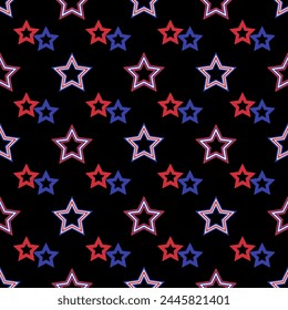 4th of July seamless pattern, USA Independence Day, stars in the national colors of the USA flag on a black background with a white outline, arranged in a static grid