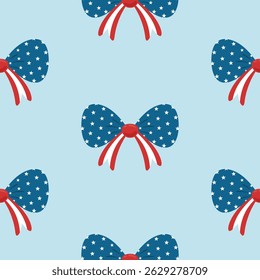 4th of July seamless pattern. USA Independence Day theme. Bow in colors of the American flag. Vector illustration on blue background.