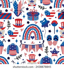 The 4th of July seamless vector pattern. American Independence Day celebration - balloons, stars, rainbow, traditional hat, gifts, USA flags. Pride and liberty. National event, patriotic background