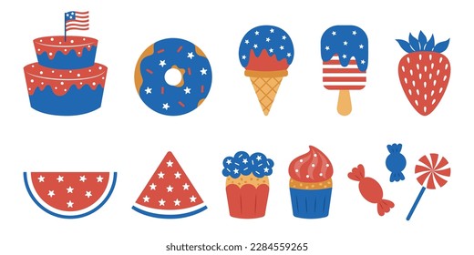 4 de julio conjunto de elementos. Tema del Día de la Independencia de Estados Unidos. Dulces con colores de la bandera nacional estadounidense. Pastel, caramelos, quequitos, helados, fresas, etc. Ilustración vectorial sobre fondo blanco.