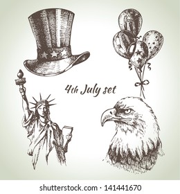4th of July set. Hand drawn illustrations of Independence Day of America