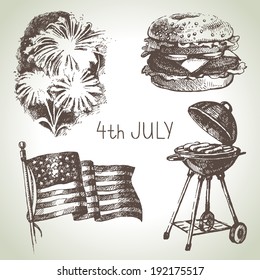 4th of July set. Hand drawn illustrations of Independence Day of America