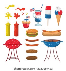 4 de julio conjunto de elementos de comida rápida y barbacoa hechos a mano en colores patrióticos. La comida rápida fijó el Día de la Independencia de Estados Unidos. Festival de la independencia patriótica estadounidense. Ilustración del vector