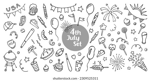 4th July Set. Hand drawn Independence Day Doodle Set isolated on white background. Vector Illustration. EPS10