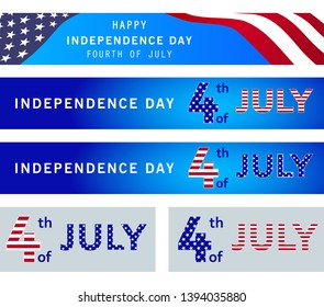 4th of July set of holiday banners, posters isolated on white background with USA flag. American Independence day template. Memorial day. Veterans day. July fourth. Vector illustration.
