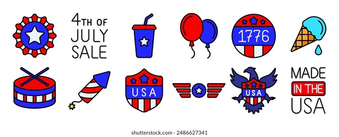 4th of July set icon. Drum, rocket, USA shield, balloons, eagle, fireworks, soda cup, calendar, American flag, hat, burger, barbecue, blimp, sunglasses, patriotic symbols. Independence Day concept