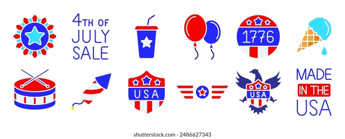 4th of July set icon. Drum, rocket, USA shield, balloons, eagle, fireworks, soda cup, calendar, American flag, hat, burger, barbecue, blimp, sunglasses, patriotic symbols. Independence Day concept