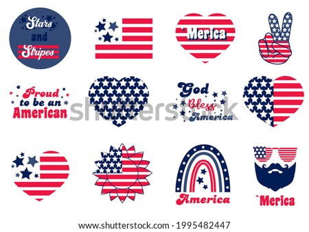 4th of July Set with logo. Independence day Bundle with American flag, heart, sunglasses. Peace, Love, America with stripes and stars. Fourth of July with Sunflower, Rainbow. Proud to be an American.