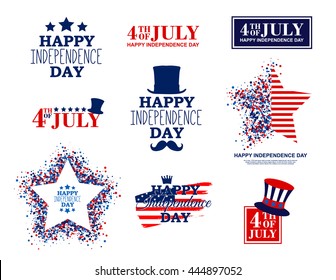 4th of July set of nine greeting card elements in traditional American colors - red, white, blue.