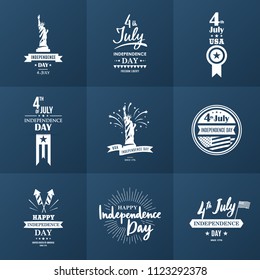 4th of July. A Set of Nine Vintage Greeting Cards. Happy Independence Day United States of America design elements. Vector illustration.