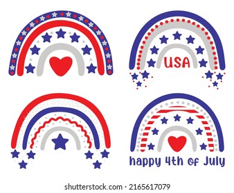 
Conjunto de arcos de lluvia del 4 de julio. Diseño de camisas patriotas iridiscentes. Feliz Día de la Independencia, 4 de julio feriado nacional. Usable como tarjeta de saludo, banner, fondo.