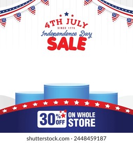 4th of July shopping sale, discount banner with empty copy space, and product display of cylindrical shape. Vector illustration.