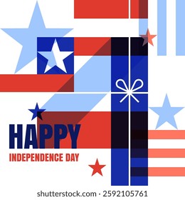 4th of July simple geometric background with American flag, stars, stripes. USA Independence Day banner, poster, fashion print design. Vector flat illustration. Holiday greeting card template