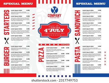 4th of July special A4 restaurant food menu design with sample item list and category. Vector design.
