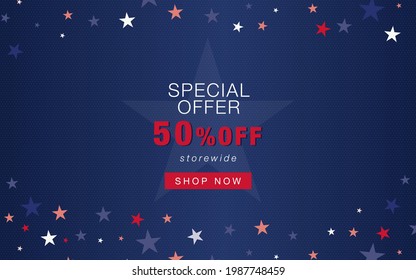 4th of July special offer online shop main page template with dark navy background, colourful stars and 50% off storewide announcement.
