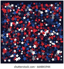 4th of July square vector background, festive pattern with flying, falling red, blue, white stars in colors of the United States' flag. Independence Day banner or poster with bright star dust confetti