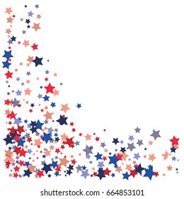 4th of July square vector background, festive pattern with flying, falling red, blue, white stars in colors of the United States' flag. Independence Day banner or poster with bright star dust confetti