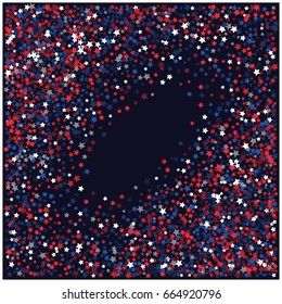 4th of July square vector background, festive frame with flying, falling red, blue, white stars in colors of the United States' flag. Independence Day banner or poster with bright star dust confetti