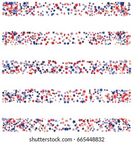 4th of July square vector background, festive stripes with flying, falling red, blue, white stars in colors of the United States' flag. Independence Day banner or poster with bright star dust confetti