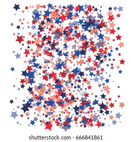 4th of July square vector background, festive pattern with flying, falling red, blue, white stars in colors of the United States' flag. Independence Day banner or poster with bright star dust confetti