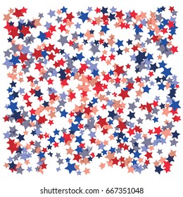 4th of July square vector background, festive pattern with flying, falling red, blue, white stars in colors of the United States' flag. Independence Day banner or poster with bright star dust confetti