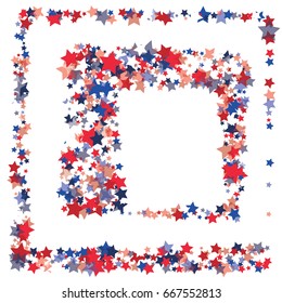 4th of July square vector background, festive pattern with flying, falling red, blue, white stars in colors of the United States' flag. Independence Day banner or poster with bright star dust confetti