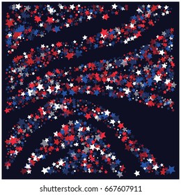 4th of July square vector background, festive pattern with flying, falling red, blue, white stars in colors of the United States' flag. Independence Day banner or poster with bright star dust confetti