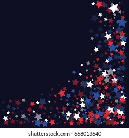 4th of July square vector background, festive frame with flying, falling red, blue, white stars in colors of the United States' flag. Independence Day banner or poster with bright star dust confetti