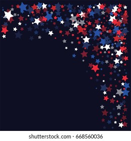 4th of July square vector background, festive pattern with flying, falling red, blue, white stars in colors of the United States' flag. Independence Day banner or poster with bright star dust confetti