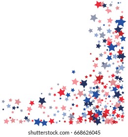 4th of July square vector background, festive pattern with flying, falling red, blue, white stars in colors of the United States' flag. Independence Day banner or poster with bright star dust confetti