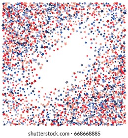 4th of July square vector background, festive pattern with flying, falling red, blue, white stars in colors of the United States' flag. Independence Day banner or poster with bright star dust confetti