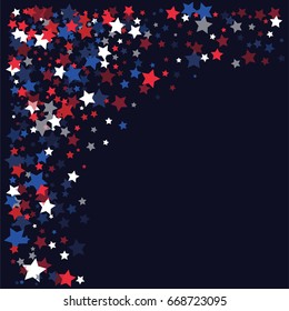 4th of July square vector background, festive pattern with flying, falling red, blue, white stars in colors of the United States' flag. Independence Day banner or poster with bright star dust confetti
