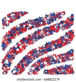 4th of July square vector background, festive pattern with flying, falling red, blue, white stars in colors of the United States' flag. Independence Day banner or poster with bright star dust confetti