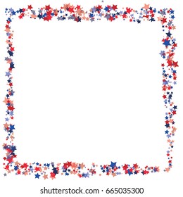 4th of July square vector frame, festive pattern with flying, falling red, blue, white stars in colors of the United States' flag. Independence Day banner or poster with bright star dust confetti