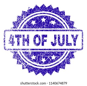 4TH OF JULY stamp watermark with scratched style. Blue vector rubber seal print of 4TH OF JULY tag with scratched texture.