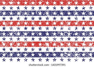 4th of July Stars Grunge Abstract Seamless Pattern, colored as USA Flag. Vector Illustration of Stars Grunge Background for Celebration Holiday American President Day, memorial day