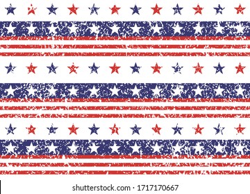 4th of July Stars Grunge Abstract Seamless Pattern, colored as USA Flag. Vector Illustration of Stars Grunge Background for Celebration Holiday American President Day, memorial day