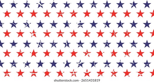 4 de julho Estrelas Grunge Abstract Seamless Pattern, colorido como a bandeira dos EUA. Ilustração vetorial das estrelas Fundo Grunge para comemoração Feriado Dia do Presidente Americano